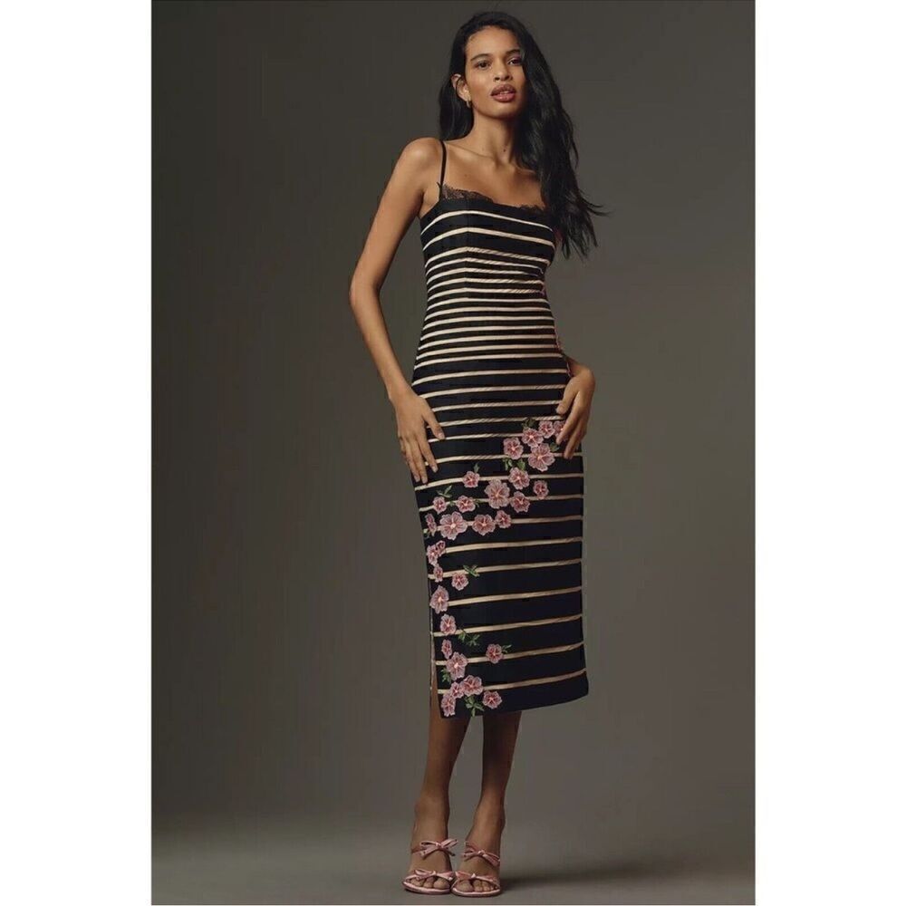 Maeve x Anthropologie Striped Floral Appliqué Midi Dress